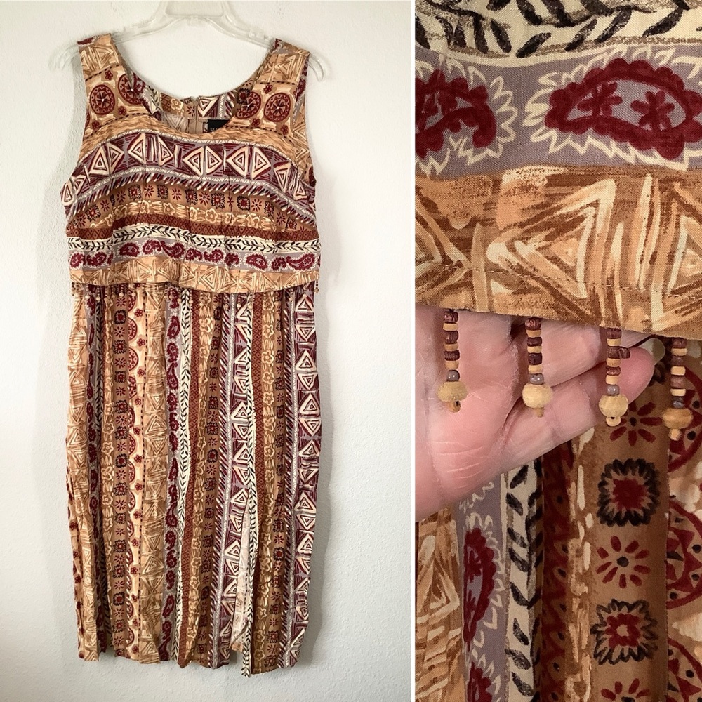 VINTAGE Plus Size  Beaded Shift Dress 20 Sleeveless Aztec Western Boho Artsy